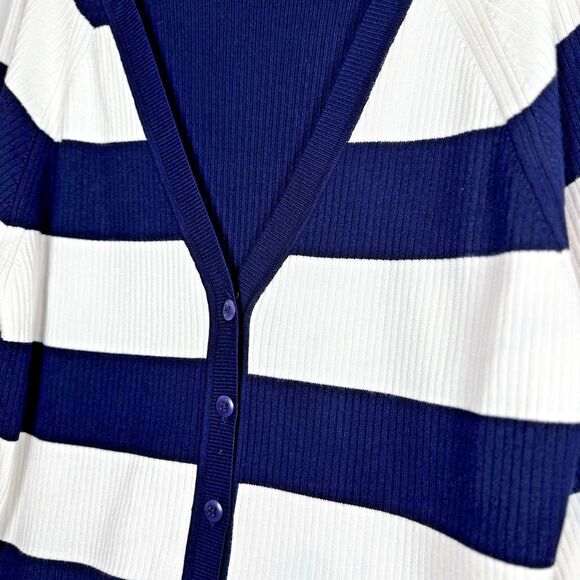 Anthropologie Maeve 3X Ribbed Stripe Cardigan Sweater Navy White Button Front - Picture 3 of 11